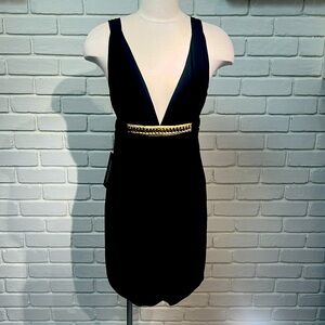 Marciano Jet Black Cocktail dress with gold chain. Holiday, cocktail, party, NYE